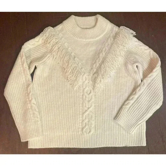 Tuckernuck Women’s Fringe Caswell Wool Sweater Ivory XL Cable Knit Stripe Crew - Picture 8 of 12